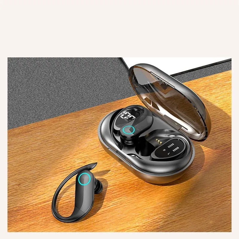 Black sports Bluetooth headset with digital display charging case and earbuds