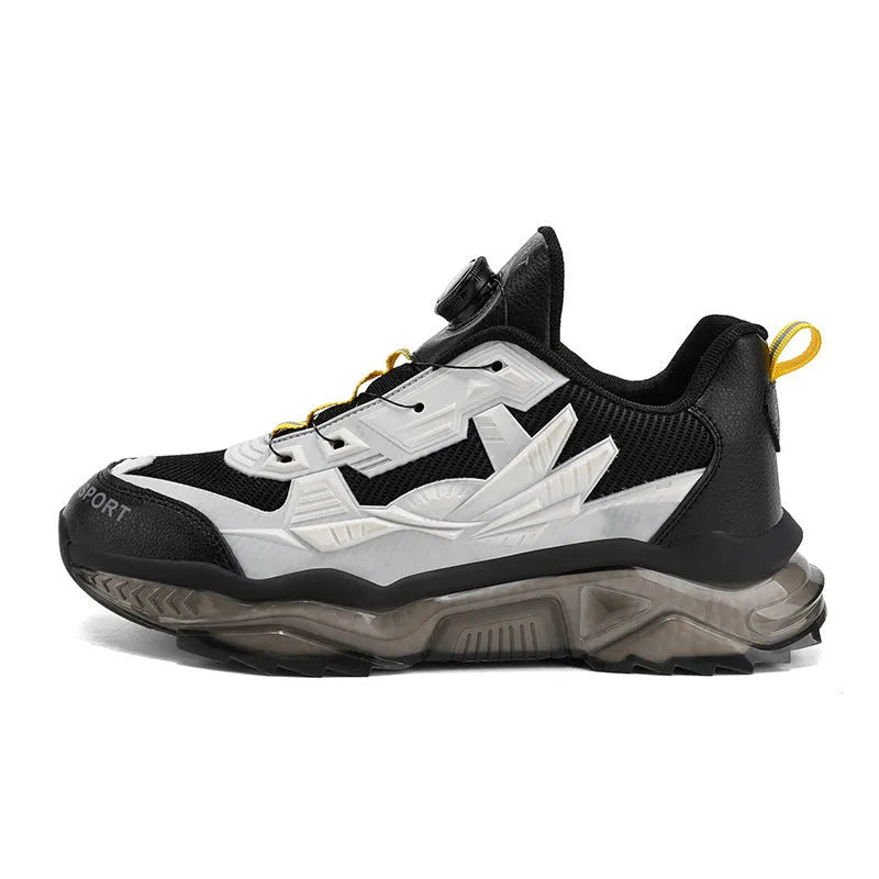 Men's black rotating button casual sneakers with mesh upper and round toe design
