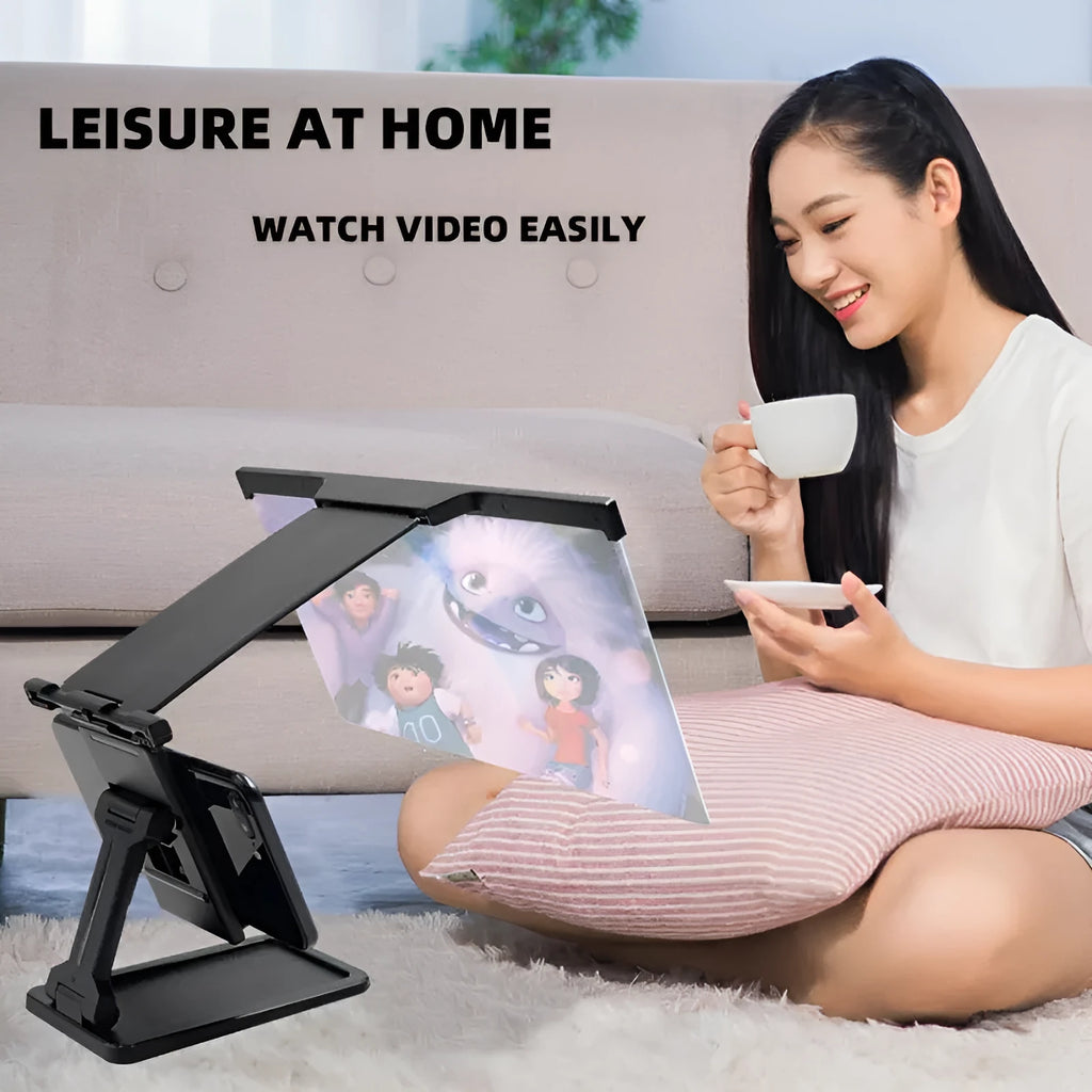Black folding mobile phone screen amplifier with detachable phone holder magnifying smartphone display