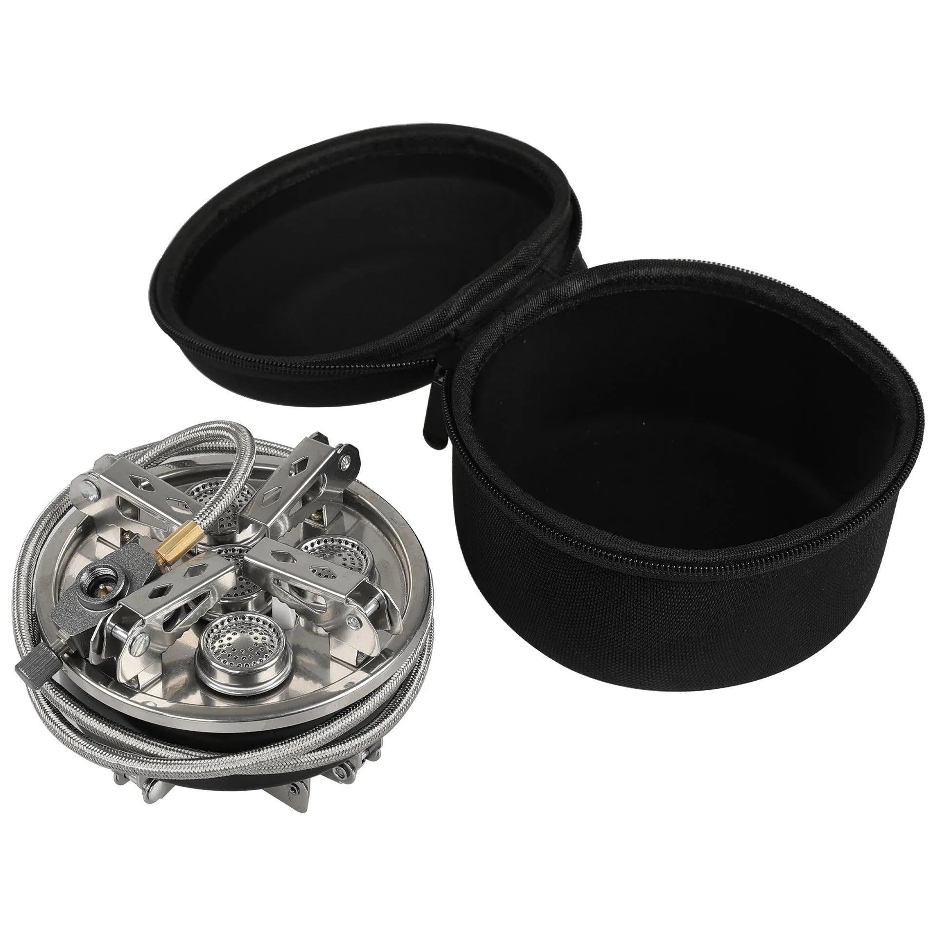 Silver portable split camping stove with stainless steel construction and 100cm hose