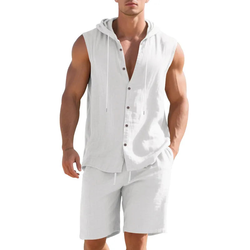 Men's linen sleeveless shirt and shorts suit set in army green, front view
