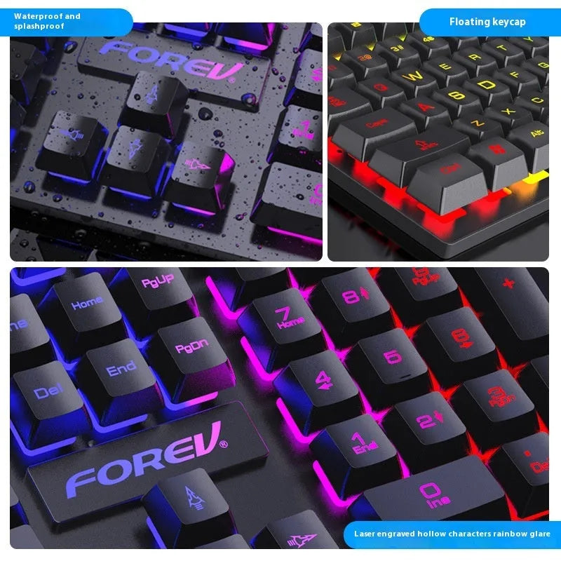 Black ABS mechanical gaming keyboard with backlit keys beside matching USB mouse on desk