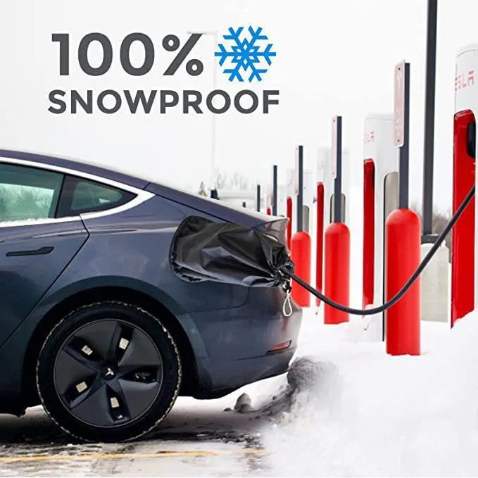 Grey waterproof drawstring cover for electric car charging port on a vehicle.