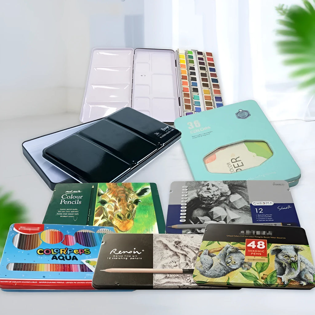 Solid square tinplate watercolour paint box for artist pigments in three size options.