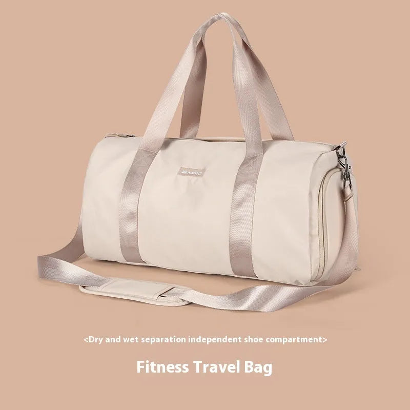 Beige nylon sports bag with contrast colour letter pattern on a white background