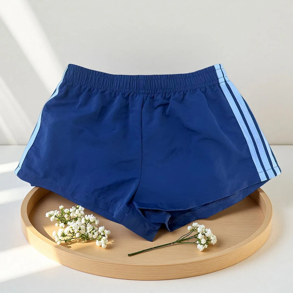 Men's navy blue high-waist casual sports shorts made from nylon, shown flat, size options XS-L
