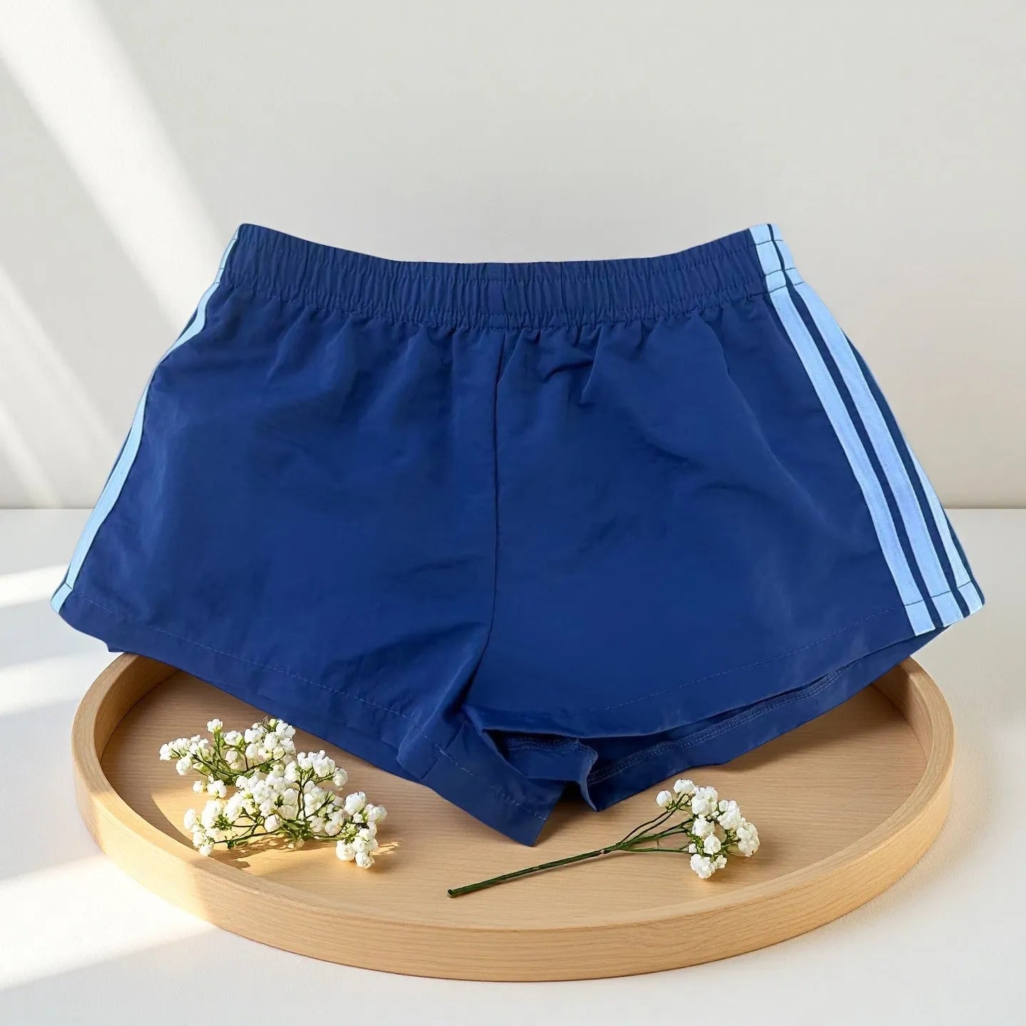 Men's navy blue high-waist casual sports shorts made from nylon, shown flat, size options XS-L
