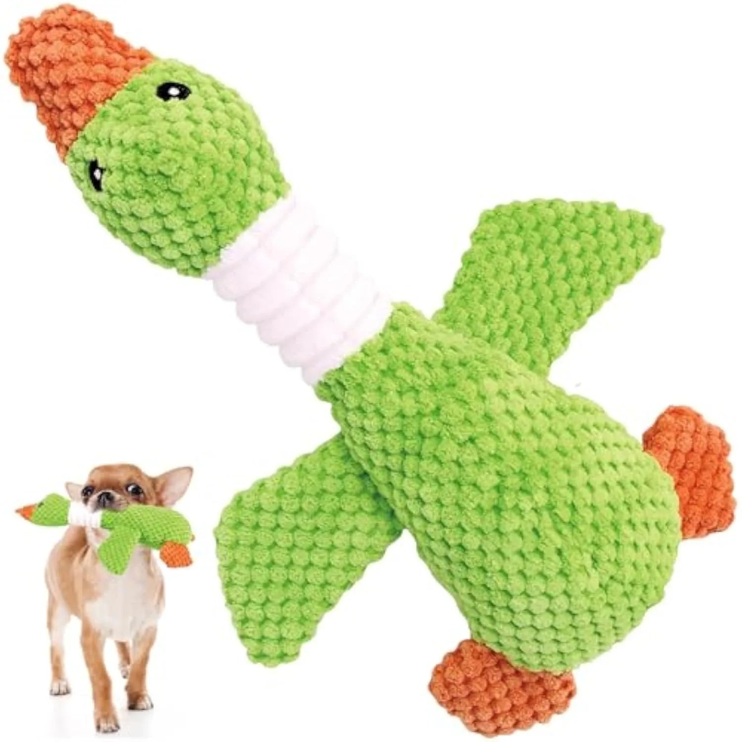 Blue durable duck dog plush toy with squeakers on a white background