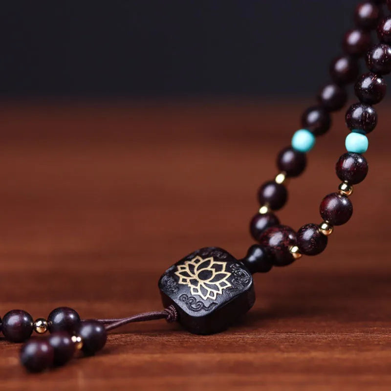Zambia Rosewood 108 bead bracelet with flat lotus pendant and grinding finish