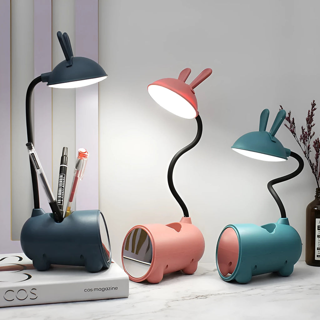 Green cartoon desktop USB table lamp with built-in pen holder container.