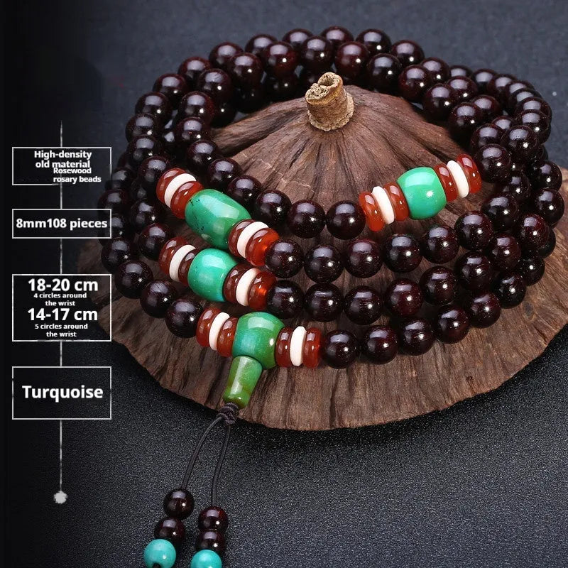 Rosewood Buddhist prayer bead bracelet with 108 beads in 6mm or 8mm size, showing national style design options.