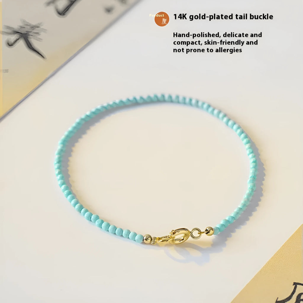 Women's 2mm turquoise natural raw ore bracelet on wrist, 14cm size, geometry shaped beads, unisex Chinese style