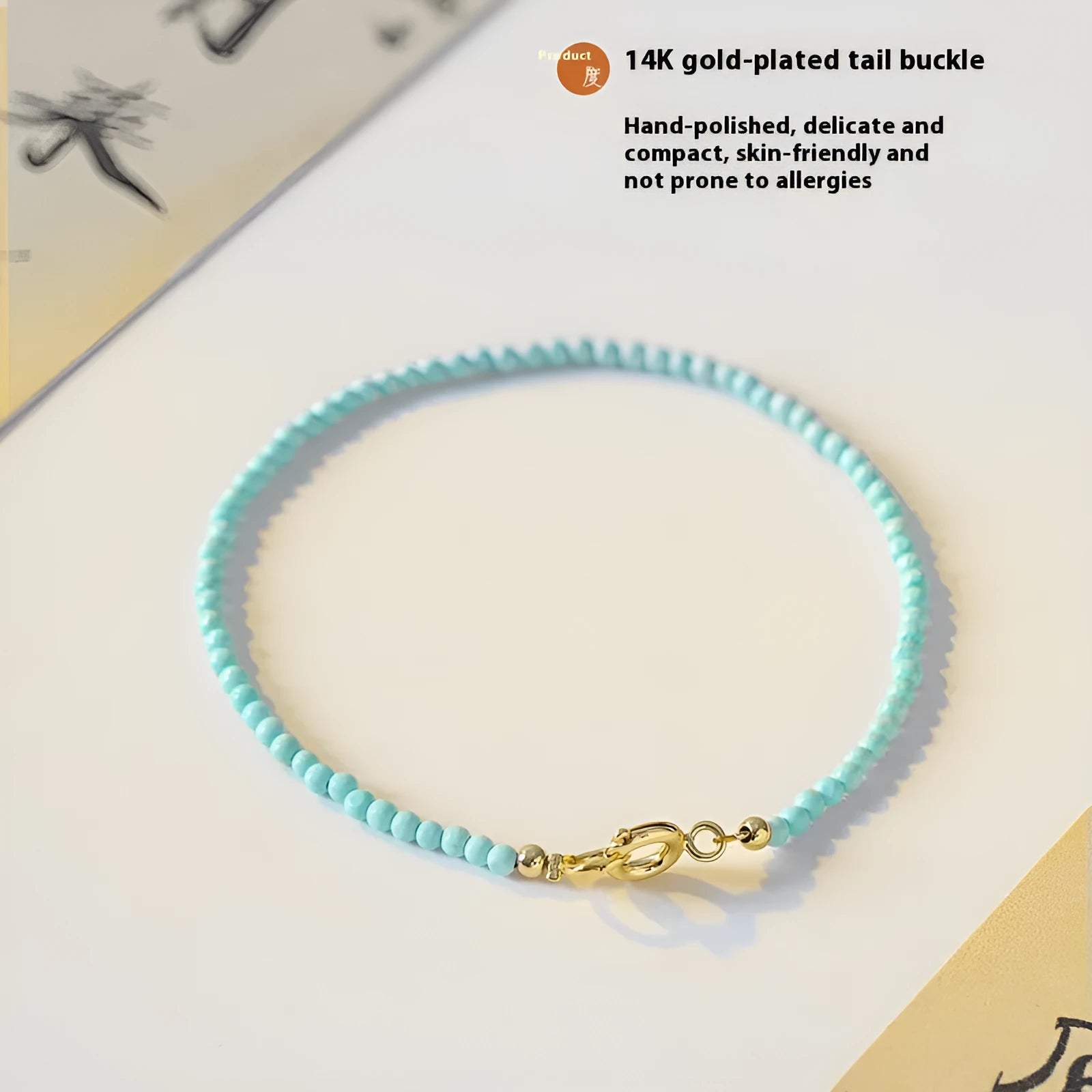 Women's 2mm turquoise natural raw ore bracelet on wrist, 14cm size, geometry shaped beads, unisex Chinese style