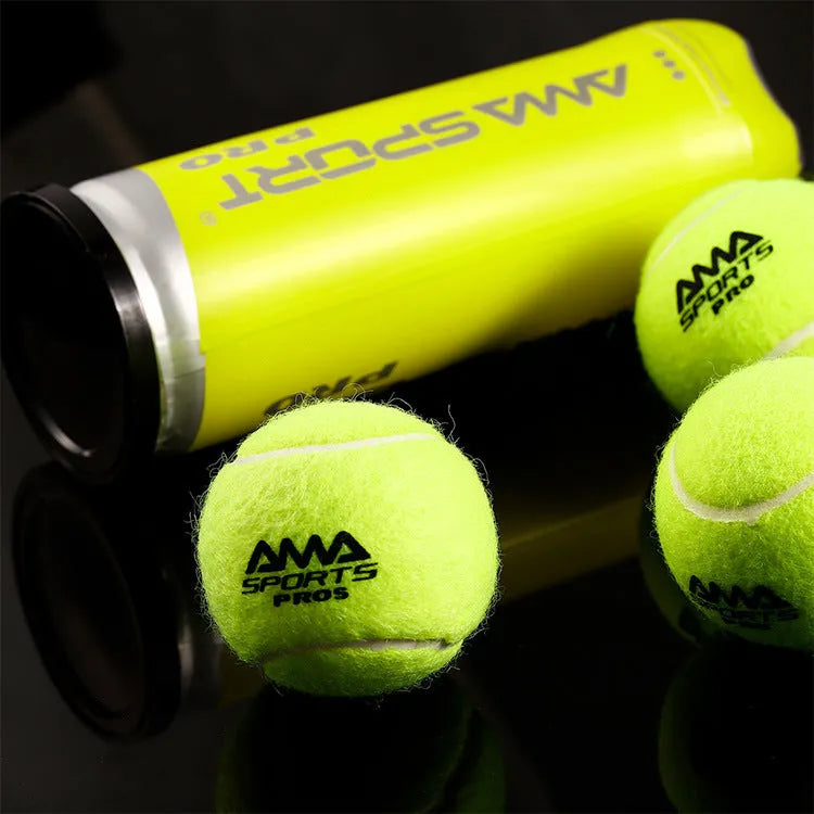 Set of three high elasticity cage plate tennis training balls in black, green, and yellow