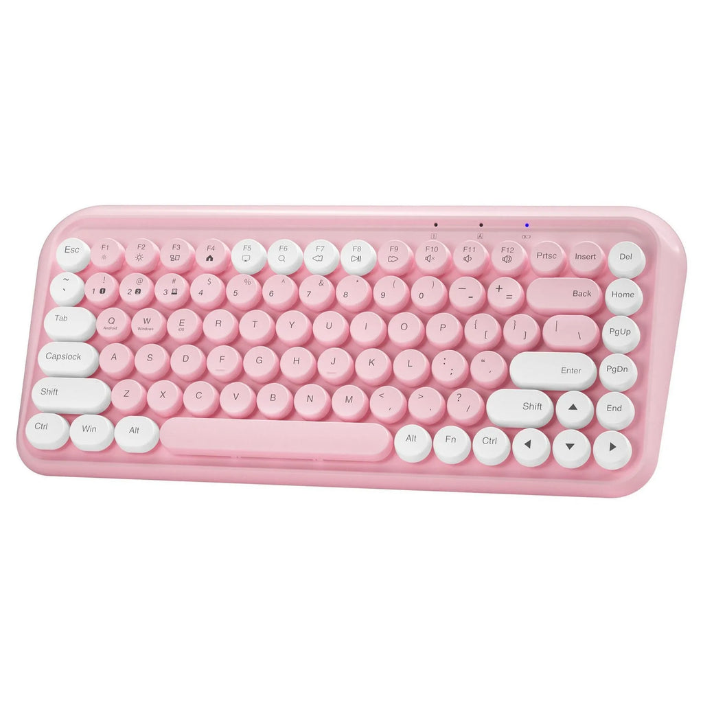 Pink portable Bluetooth keyboard with 84 keys showing crater architecture buttons