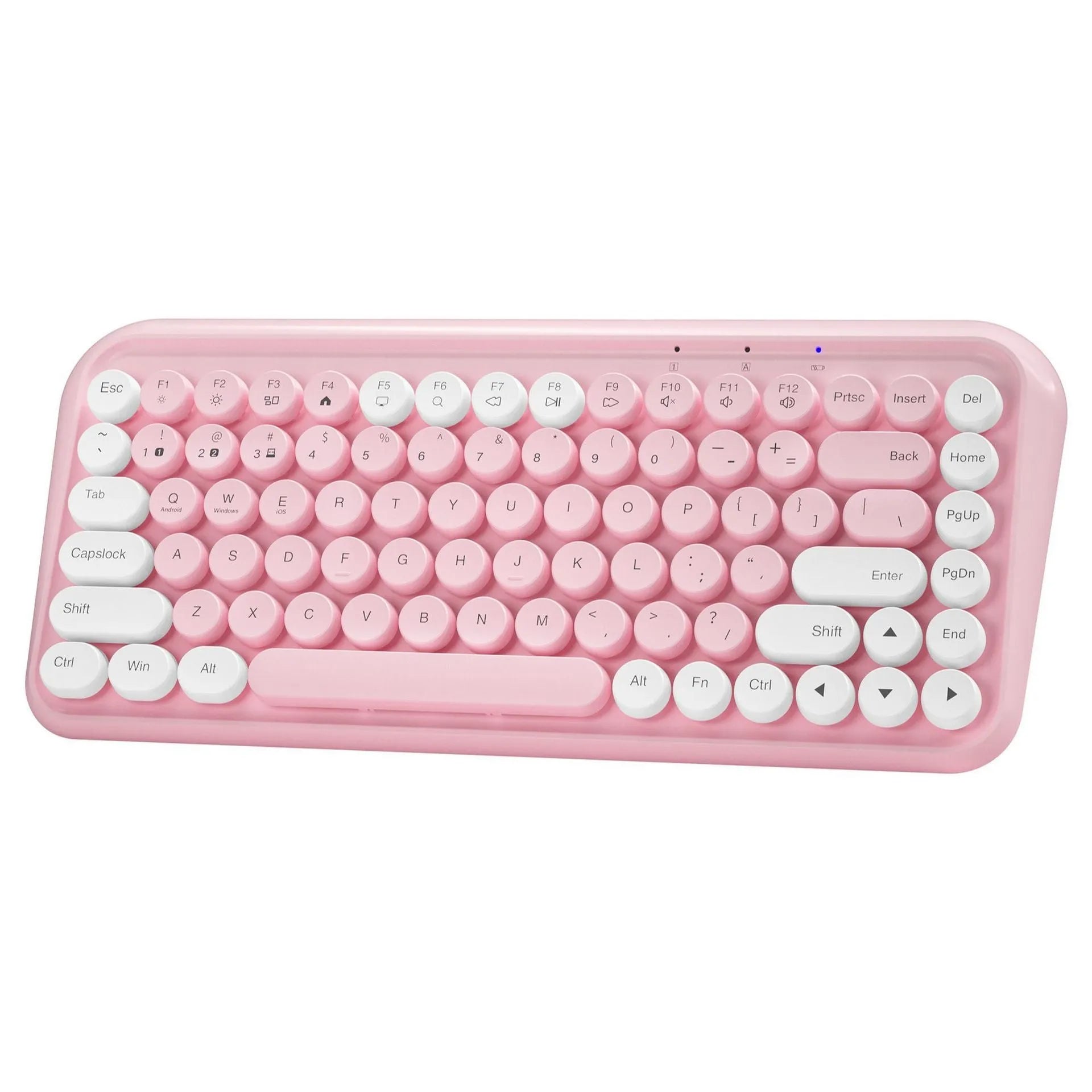 Pink portable Bluetooth keyboard with 84 keys showing crater architecture buttons