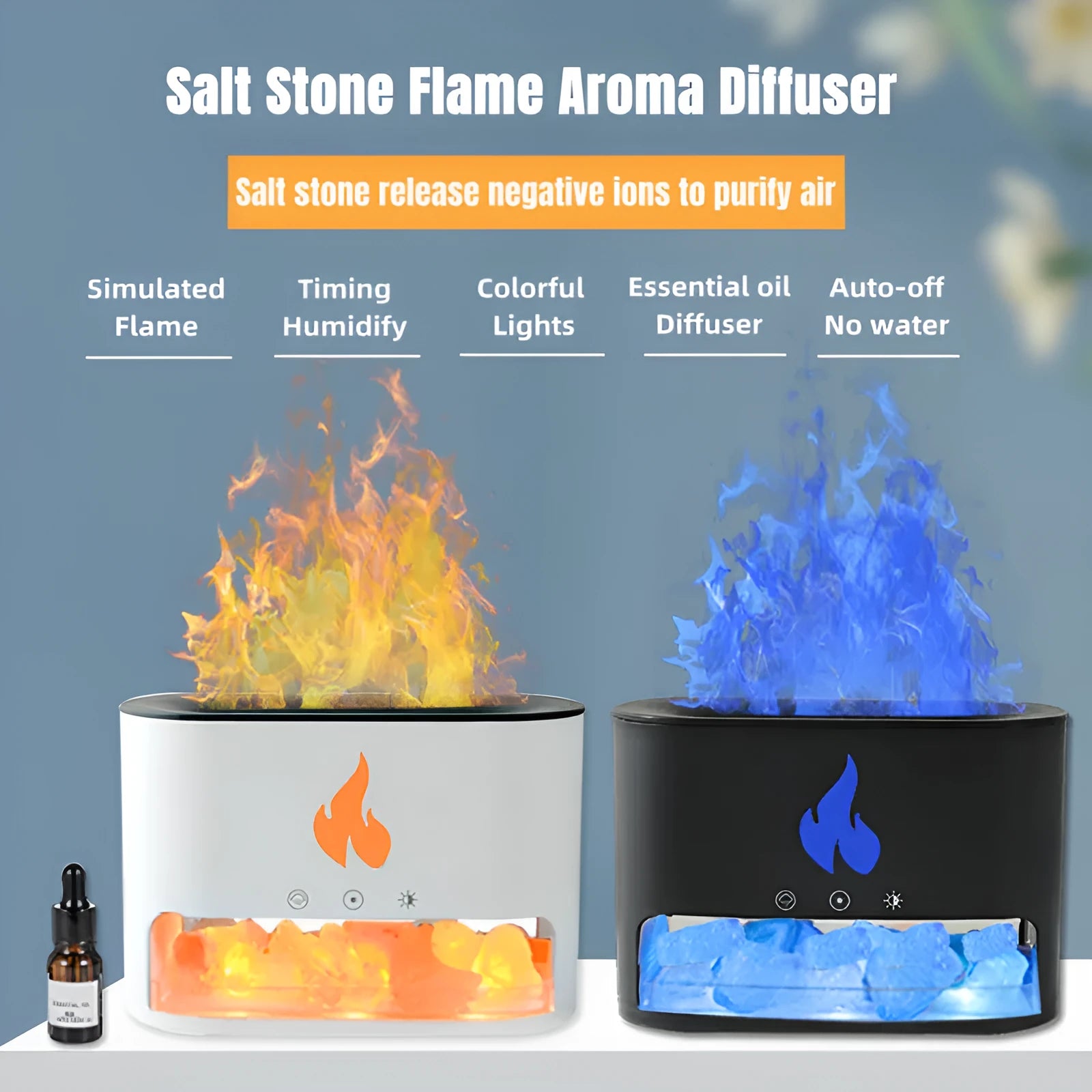 New Flame Humidifier Black - 3D simulation flame humidifier with crystal salt stone and colourful atmosphere lamp