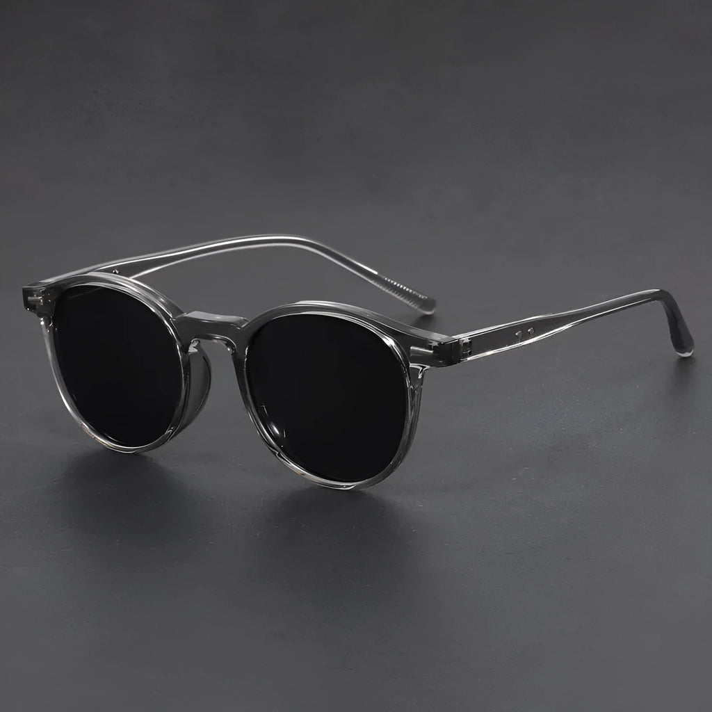 Ultra-light round frame retro sunglasses with polarised grey lenses in sand black colour