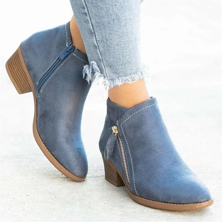 Women's low heel side zipper ankle boots in suede leather – pointed toe, thick heel, available in blue