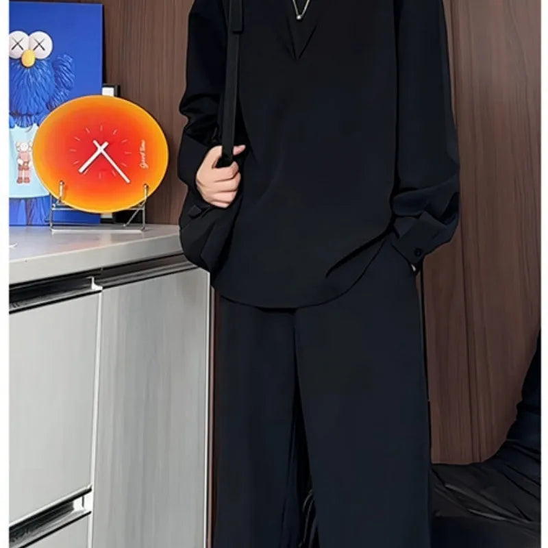 Men's black elastic hemp polo shirt and trousers two-piece casual suit for plus sizes