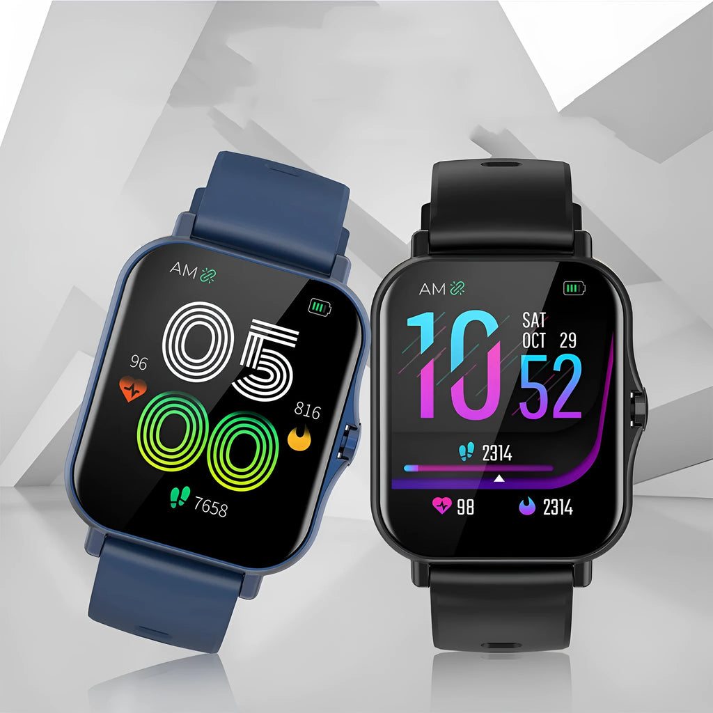 Black Bluetooth smart watch with curved touch screen displaying heart rate on wrist.
