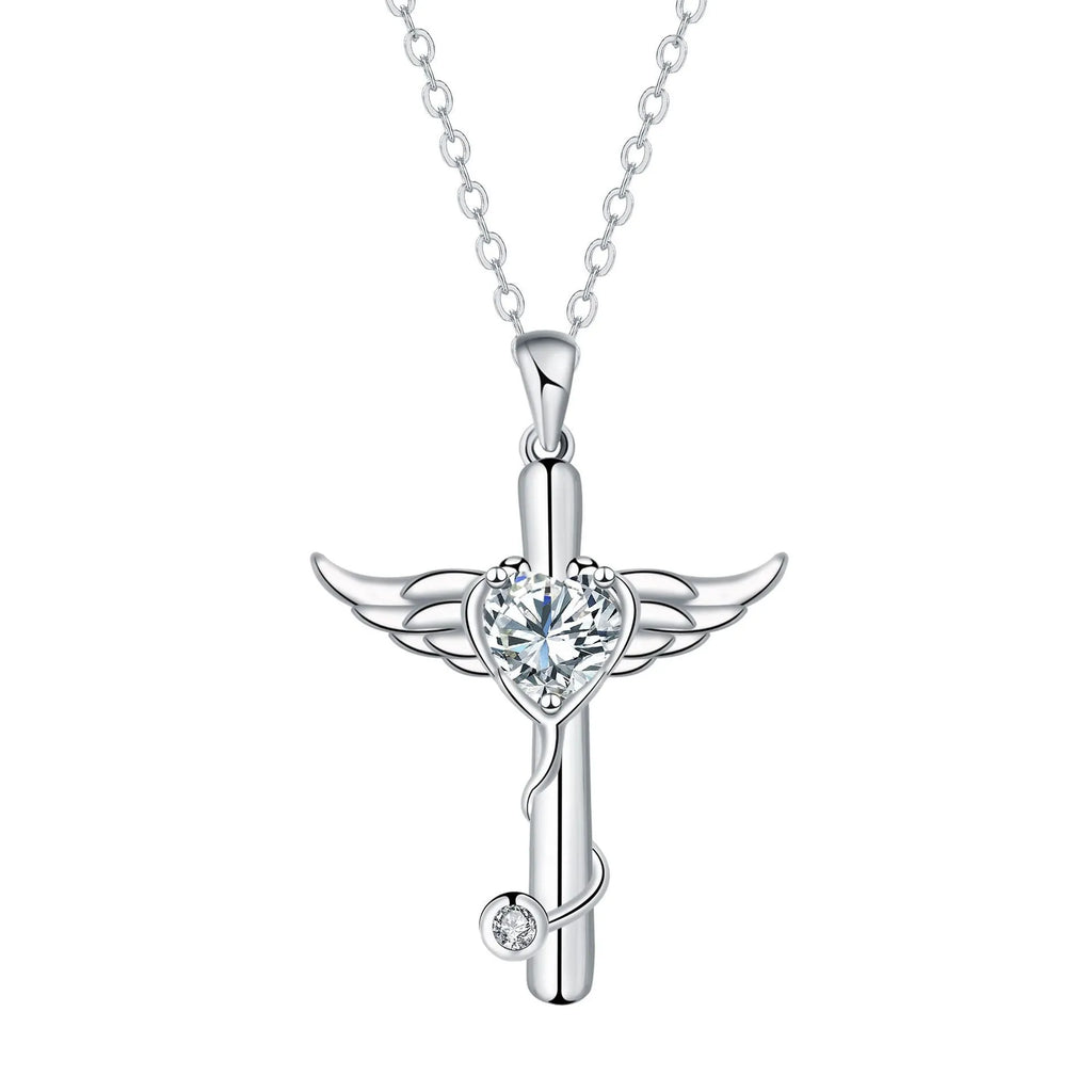 Copper cross stethoscope necklace with delicate wings element in white or red diamond electroplated finish