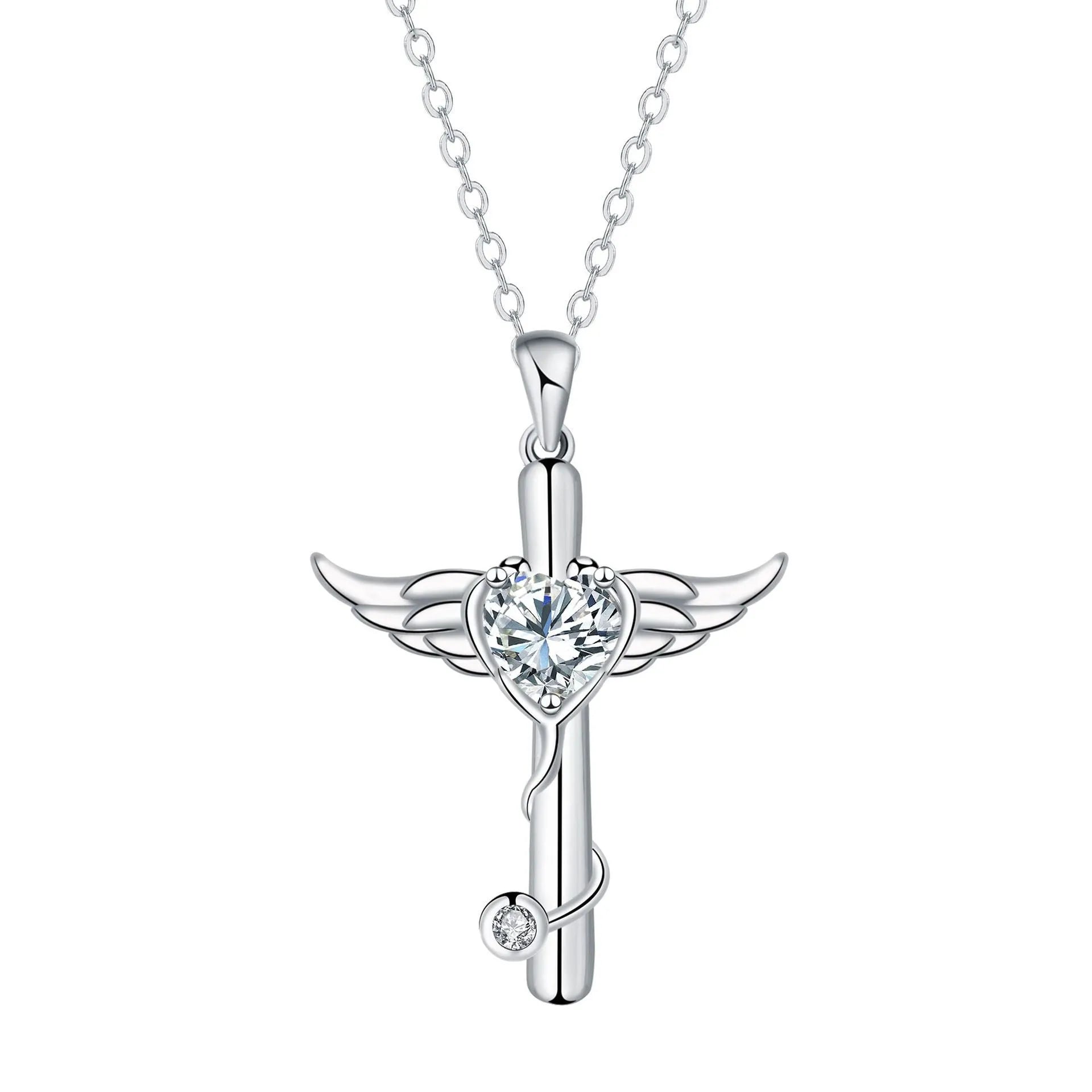 Copper cross stethoscope necklace with delicate wings element in white or red diamond electroplated finish