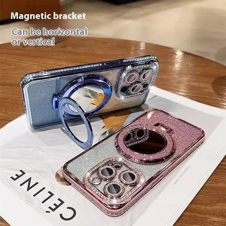 Gradient glitter TPU phone case with fold-out mirror bracket for iPhone, showing reflective electroplated finish