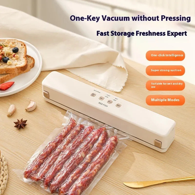 Off-white plastic vacuum sealing machine for home food packaging on a kitchen counter