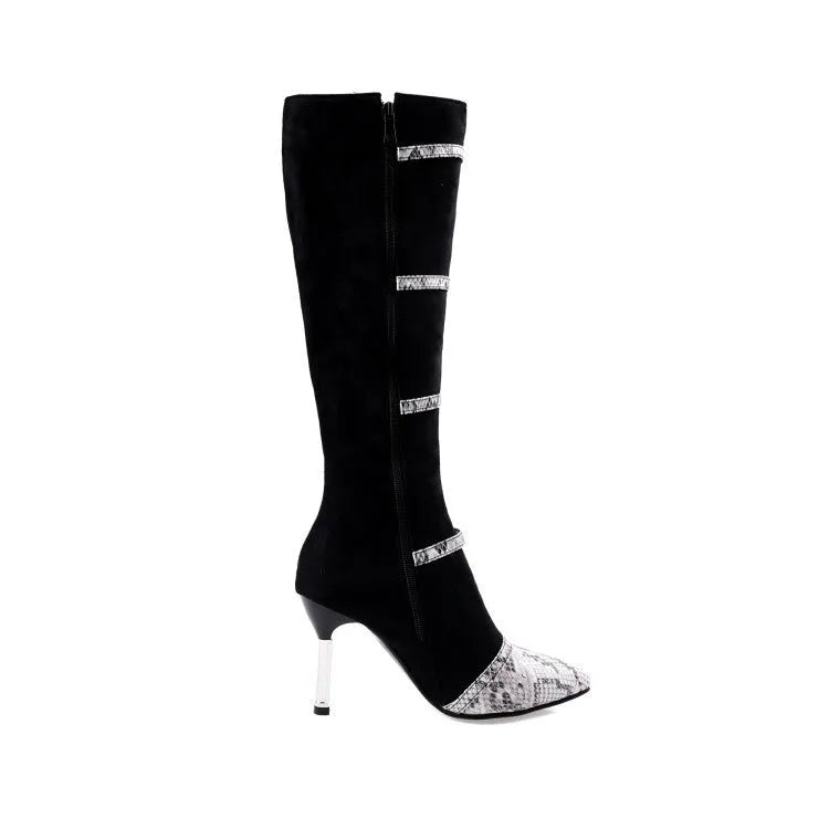 Grey and black women's knee-high boots with a thin high heel on a rubber sole.