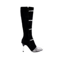 Grey and black women's knee-high boots with a thin high heel on a rubber sole.