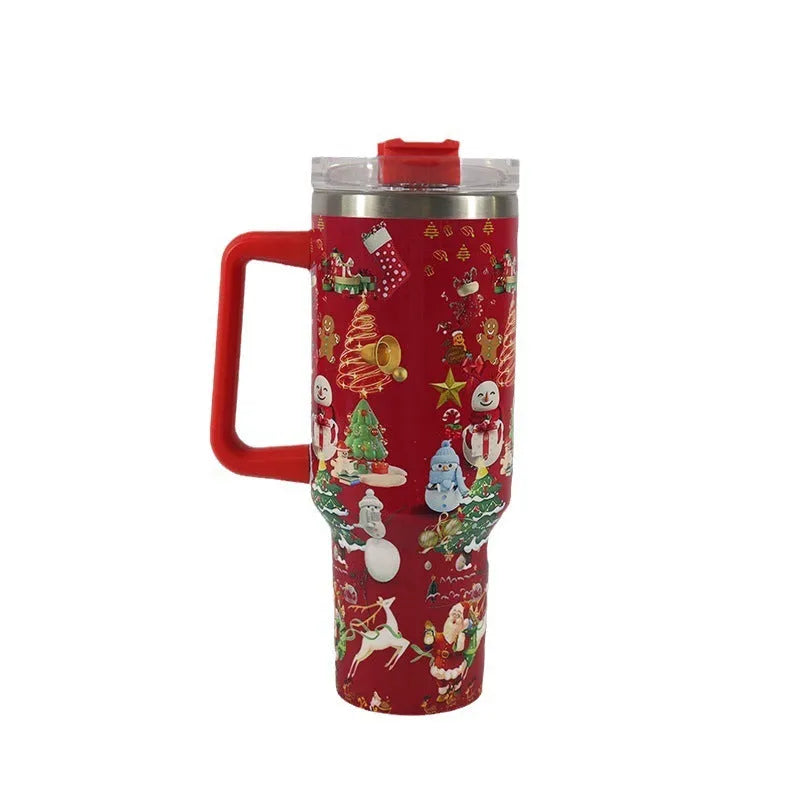 Christmas pattern stainless steel vacuum tumbler with handle, lid, and straw, 1200ml capacity