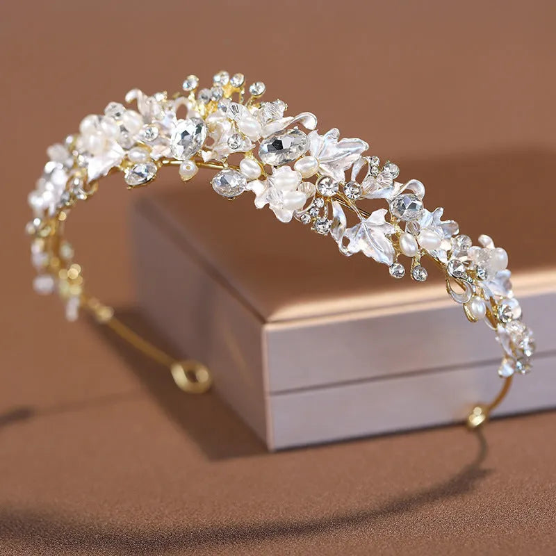 Gold and silver alloy pearl crown headdress for women's wedding and birthday hair accessories