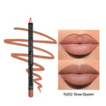Lip liner pencil in a matte finish shown with swatches of its 14 natural wood-toned shades.