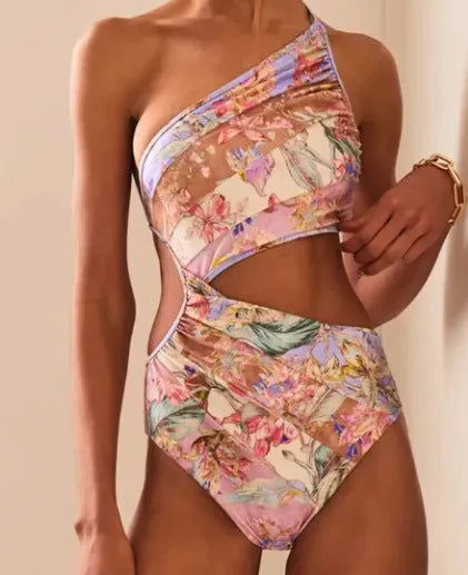 Women's rose gold patterned swimsuit made from polyester fibre, available in sizes S to XXXL