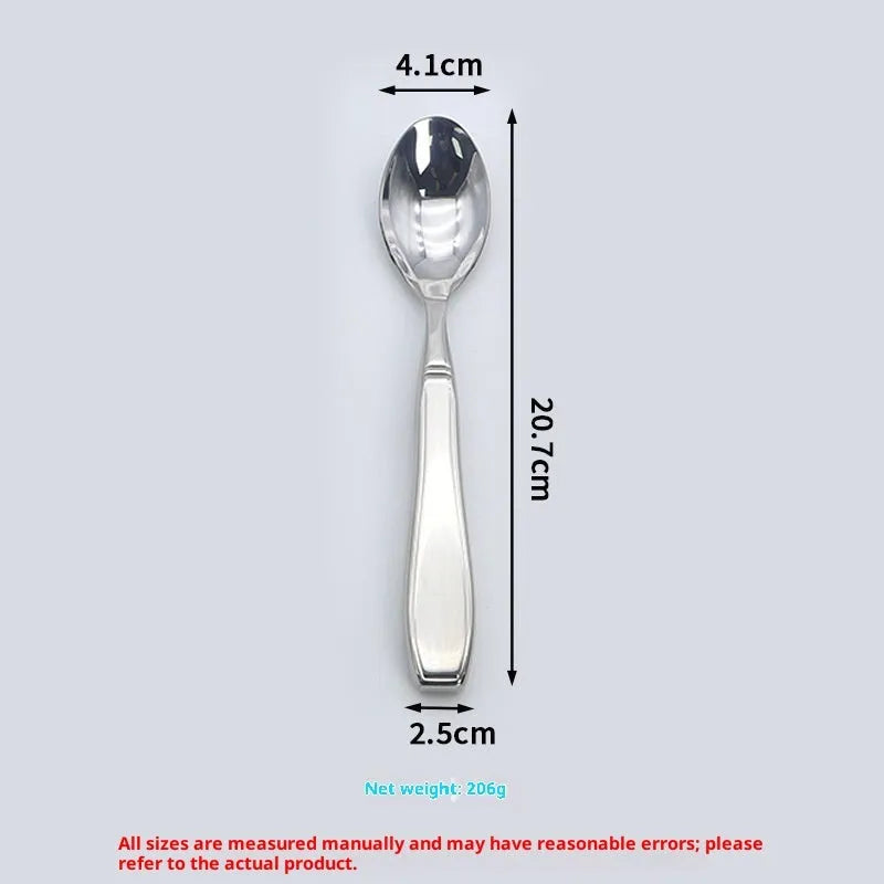 Stainless steel Western-style tableware set with anti-handshaking design including heavy-duty spoon, fork, and knife on a neutral background.