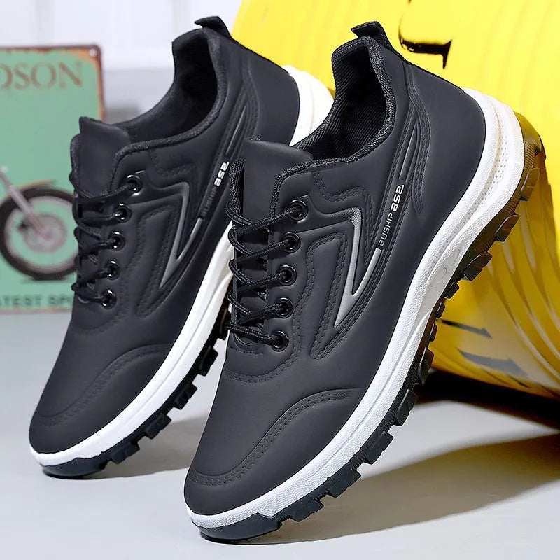 Student waterproof leisure soft bottom sports work shoes in black and gray, low-top lace-up design with artificial PU upper