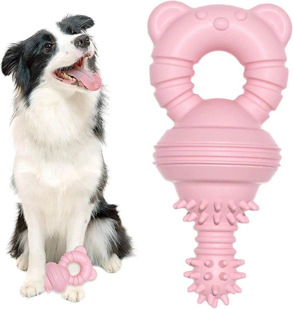 Blue rubber dog chew toy with textured concave-convex surface for teeth cleaning