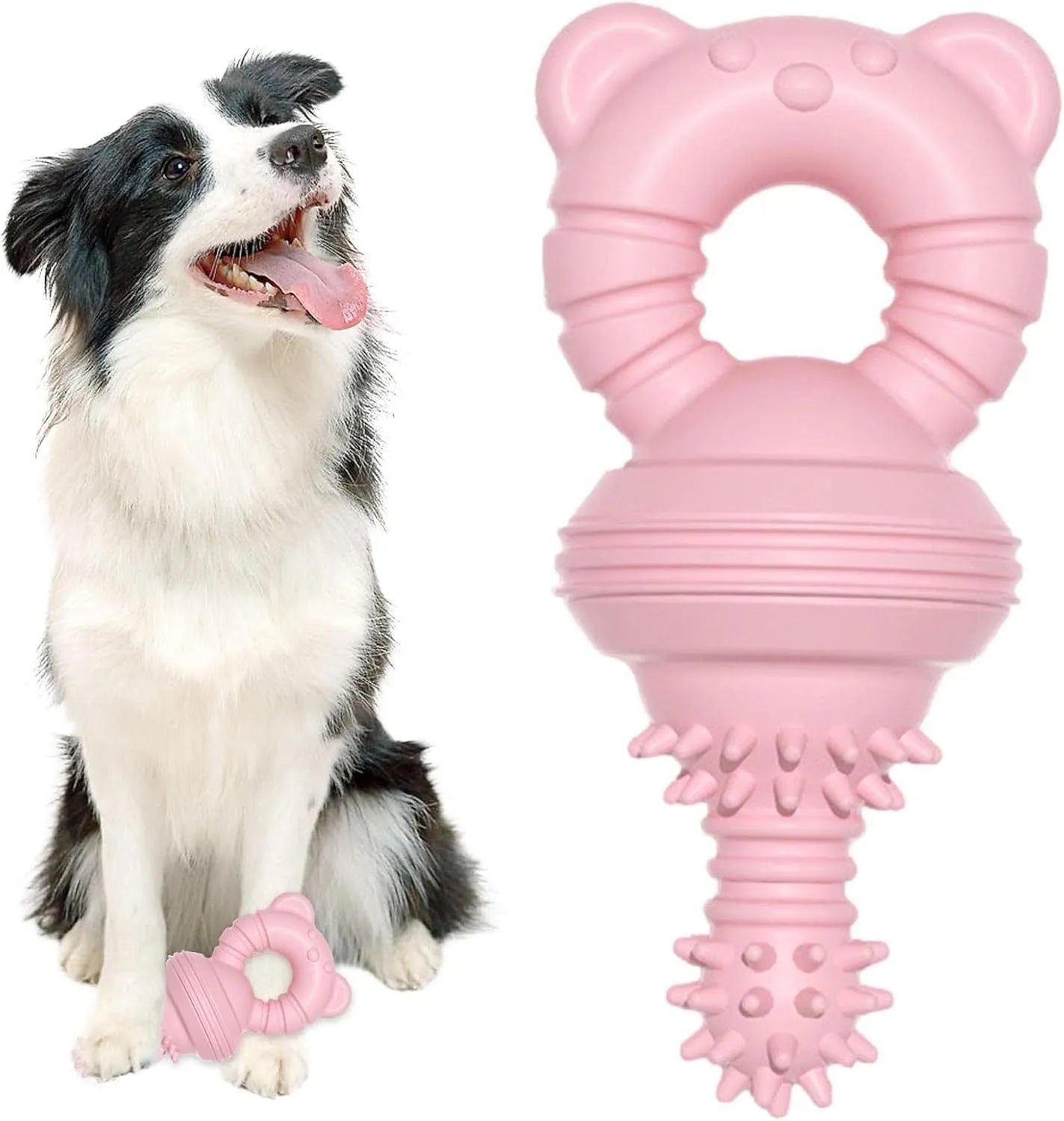 Blue rubber dog chew toy with textured concave-convex surface for teeth cleaning
