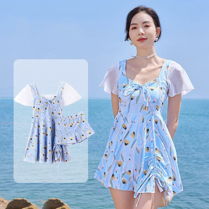 Women's one-piece swimsuit in Sea Salt Blue with flower pattern polyester fabric
