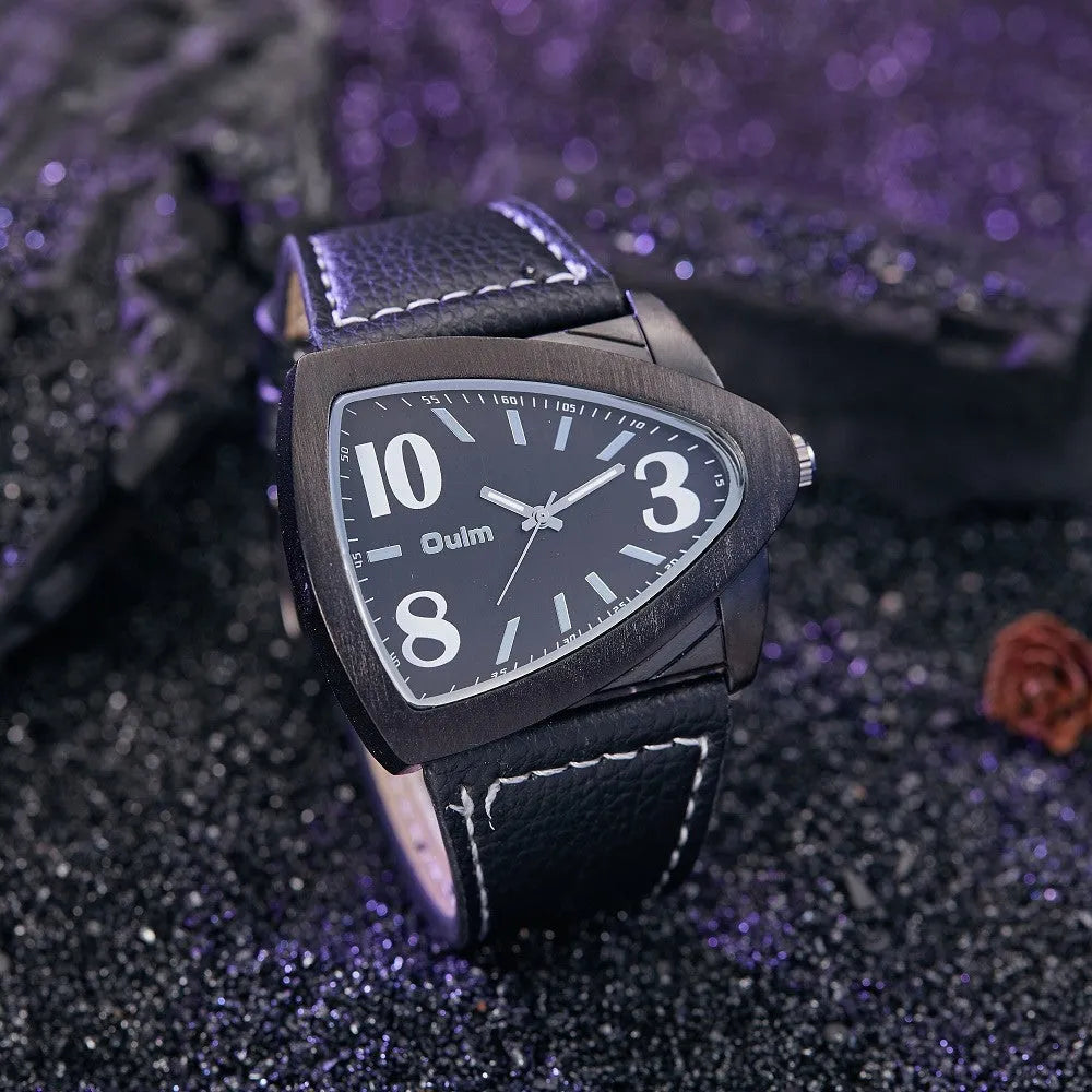 Men's casual triangle belt quartz watch showing 9mm thickness and colour options