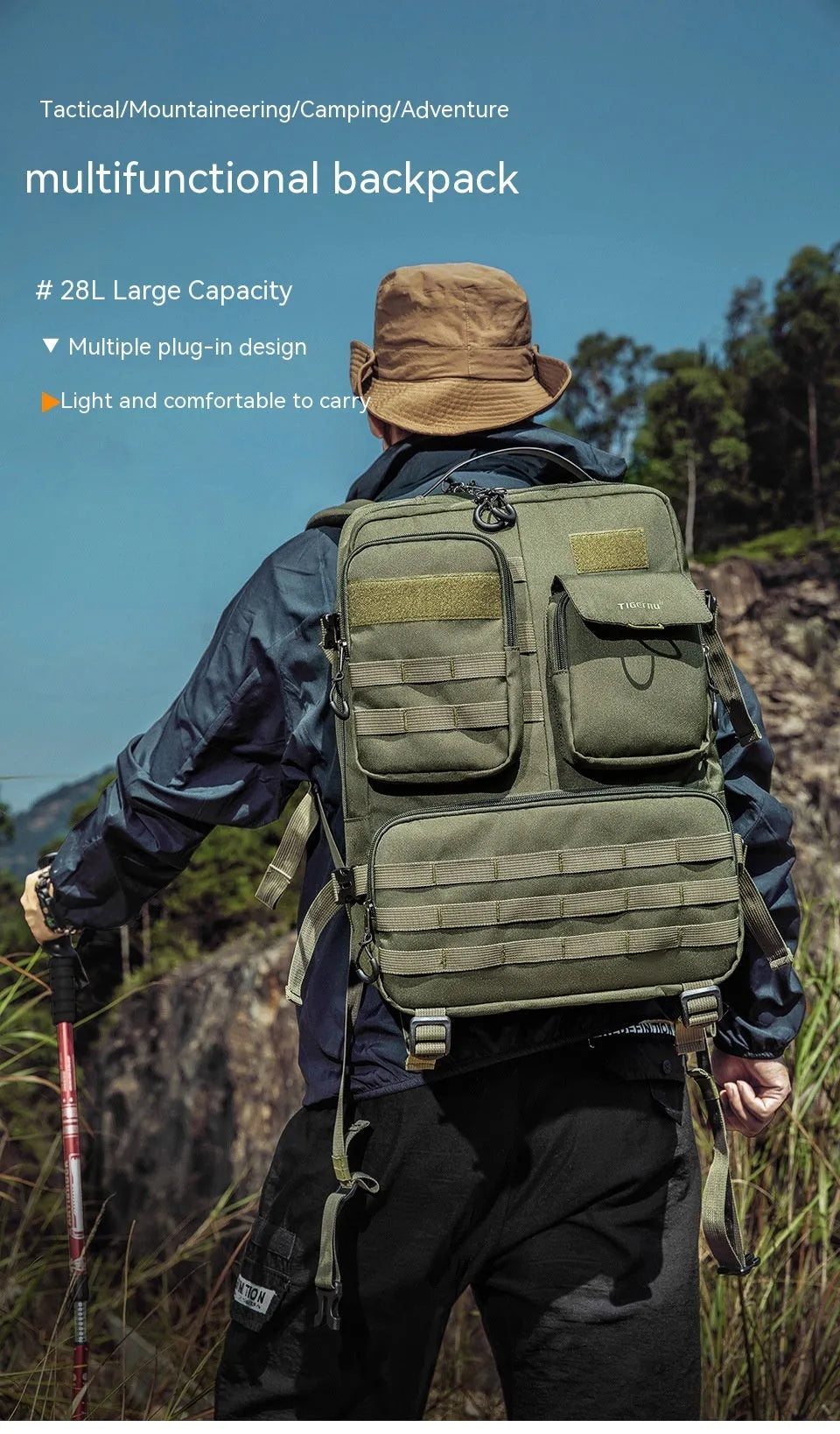 Army Green tactical waterproof backpack showing 17-inch laptop sleeve and wear-resistant nylon construction.