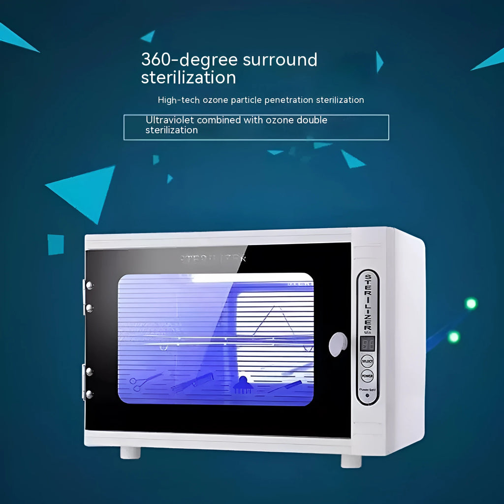 Small silver ultraviolet steriliser cabinet with stainless steel interior for salon tools.
