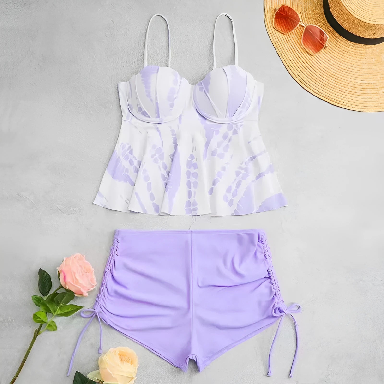 Women's hard bag printed split bikini swimsuit in polyester, white colour, front view with top and shorts