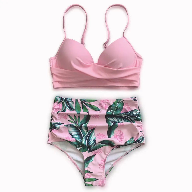 Printed split bikini set with steel bracket push up bra and high waist floral briefs in yellow and white pattern