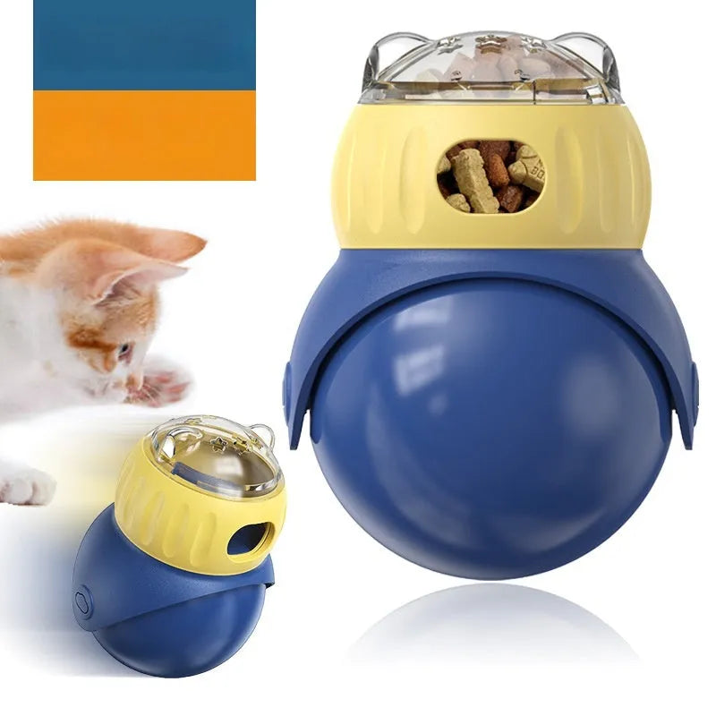 Owl-shaped plastic cat feeder toy in morandi yellow and blue colours for interactive food dispensing