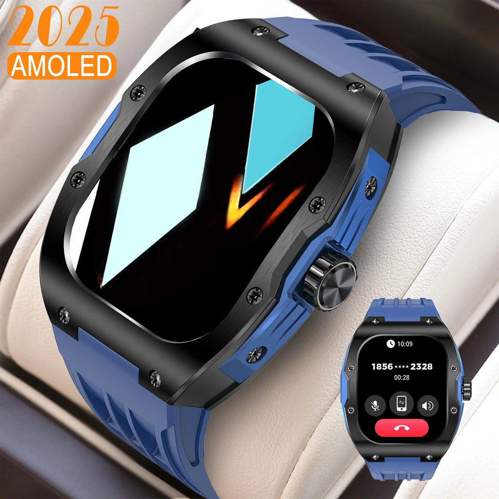 Smart watch with AMOLED display showing fitness stats, available in black blue, black orange, and silver orange strap colours.
