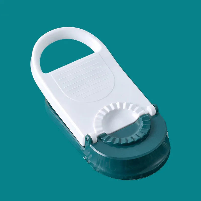2-in-1 plastic dumpling dough press maker in orange and white, with ergonomic handle and hanging hole for storage