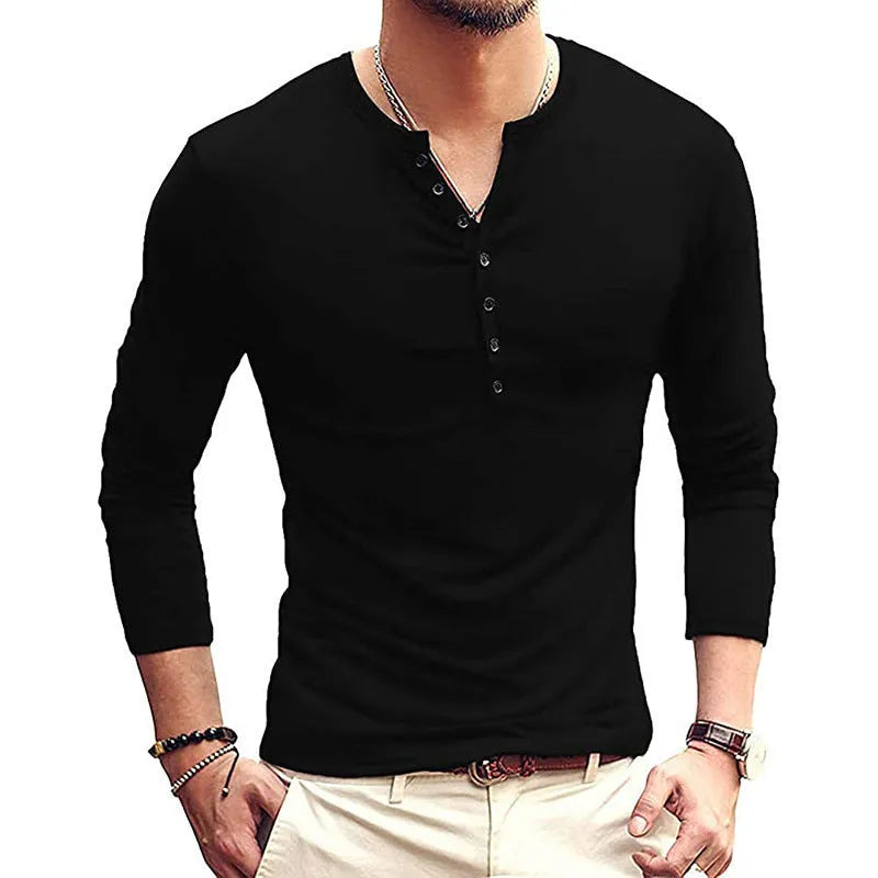 Men's long sleeve cotton blend pullover t-shirt in solid colour, Blue Gray Wine Red options, European and American style