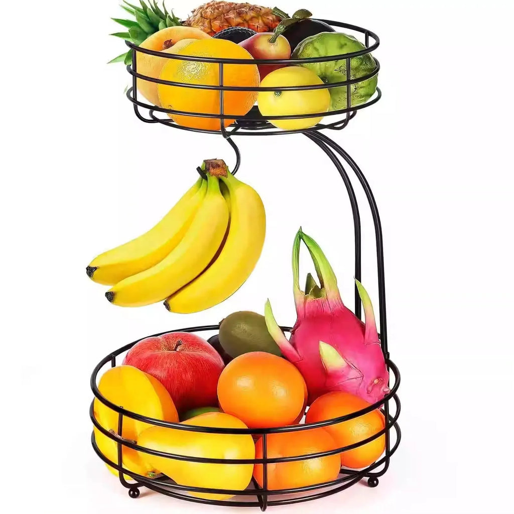 Black double-layer wrought iron fruit basket with two storage tiers
